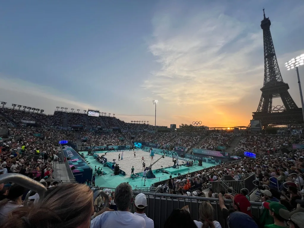 Paris 2024 beach volley at the Eiffel Tower at sunset